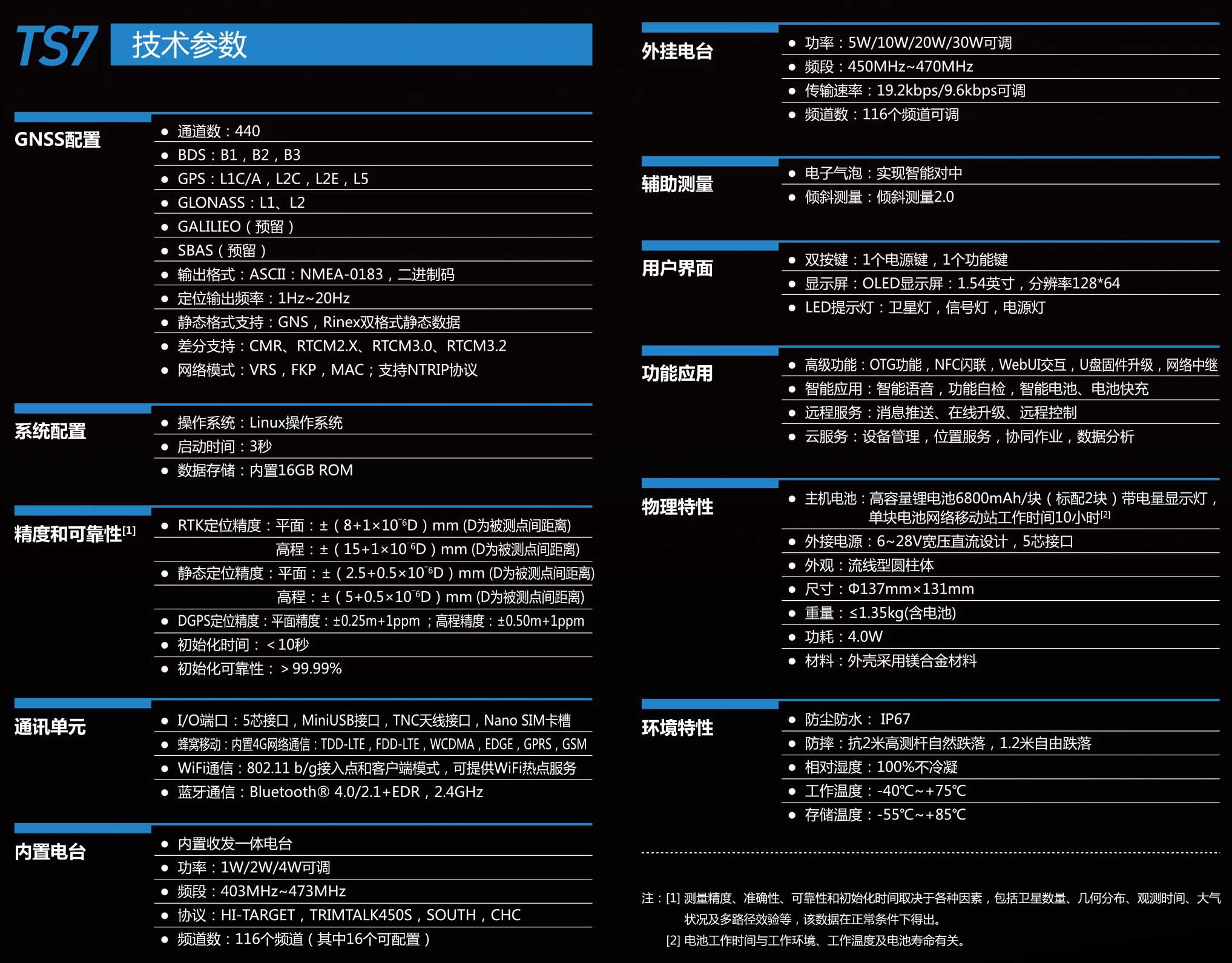 北斗海達TS7小型RTK測量系統(tǒng)技術(shù)參數(shù)